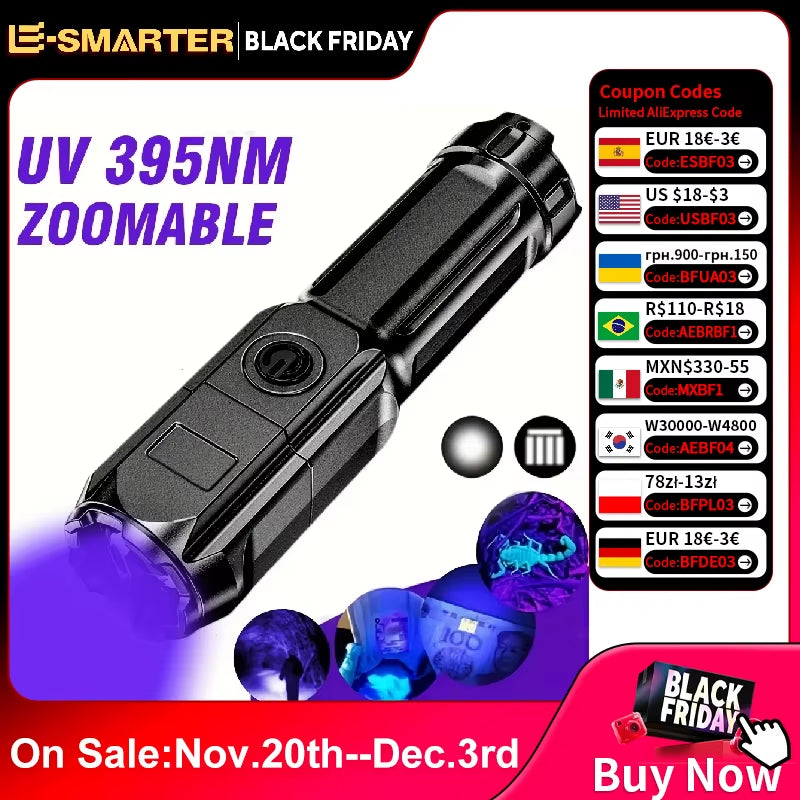 Portable UV Flashlight UV395NM Zoomable ABS Torch 3 Modes Camping Ultraviolet Flashlights for Pet Stacks Fluorescent Detection