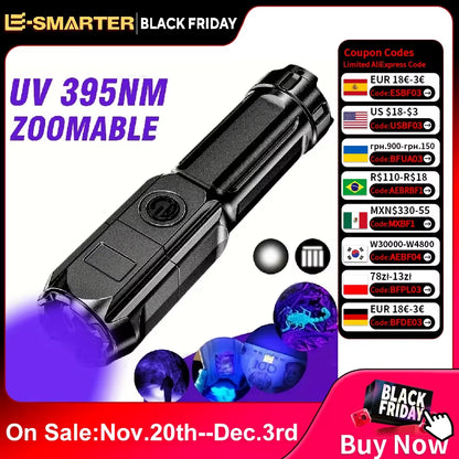 Portable UV Flashlight UV395NM Zoomable ABS Torch 3 Modes Camping Ultraviolet Flashlights for Pet Stacks Fluorescent Detection