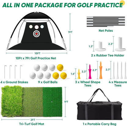 Golf Net, 10X7Ft Durable Golf Practice Net for Backyard Driving & Garage - All-In-1 Golf Hitting Net with Golf Mat, 9 Golf Balls, 9 Golf Tee, and Carry Bag for Training